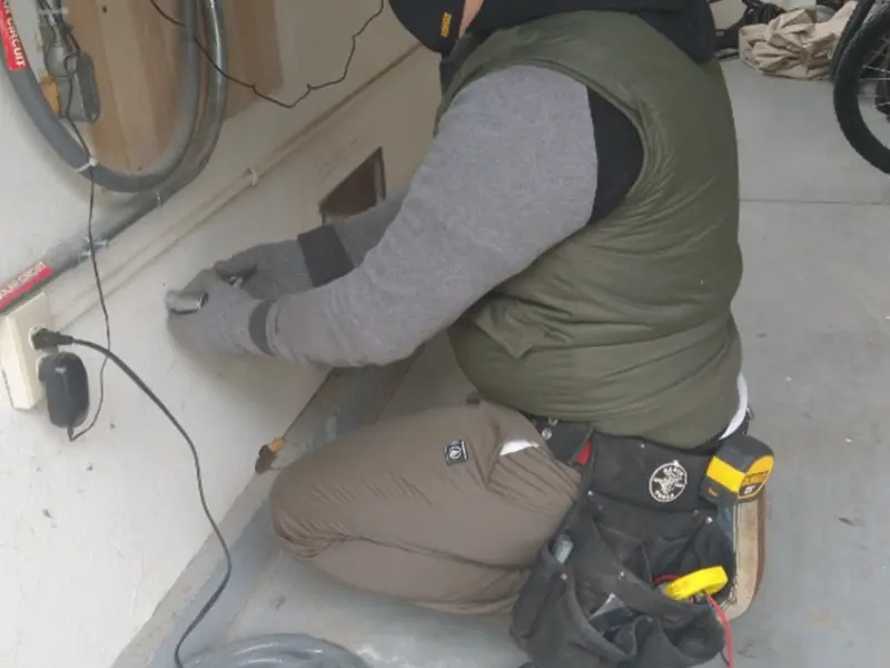 Electrician performing outlet wiring in a Southbridge Town garage